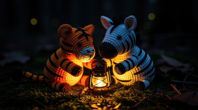 Crochet tiger and zebra huddled around a lantern in a dark forest. Handcrafted amigurumi toys sit on mossy ground. Whimsical friendship concept for nursery art and storytelling.