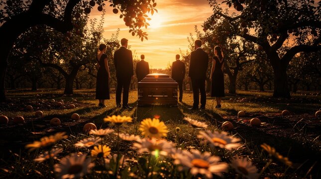 Mourners standing by a casket in an orchard at sunset. People attending an outdoor funeral ceremony among fruit trees. Grief and memorial concept for bereavement and funeral service marketing.