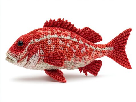 Knitted Red Snapper Fish Toy Handcrafted Textile Craft Isolated On White Background