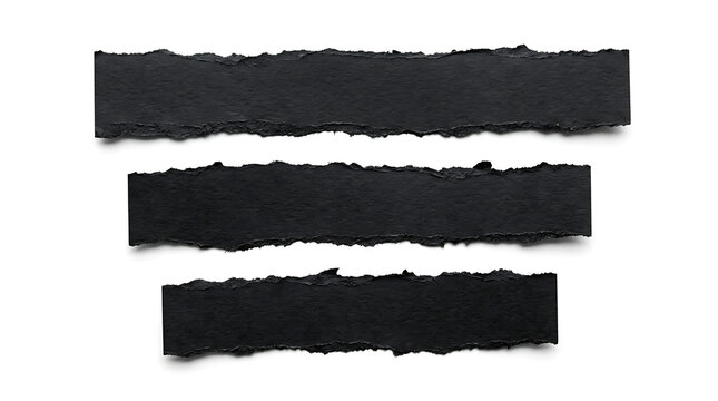 Three horizontal strips of black torn paper with rough edges on white background