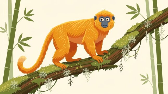 Golden monkey walking on a mossy branch in a bamboo forest. Vector illustration of a rare primate in its habitat. Wildlife conservation concept, ideal for nature books and education.