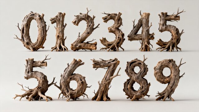 Creative numbers 0‑9 made of dry wood roots, 3D rustic wooden digits from tree branches on light gray background for typography design