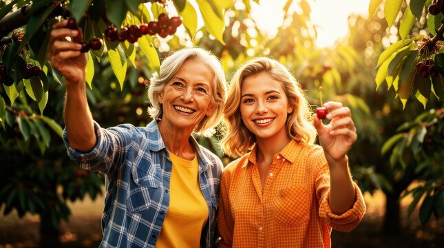 Senior and young woman picking cherries in a sunlit orchard. Two generations enjoying summer harvest in a fruit farm. Family bonding and organic farming theme for healthy lifestyle marketing.