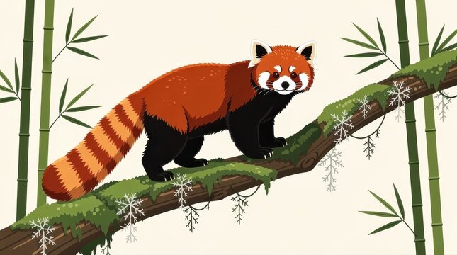 Red panda standing on a mossy tree branch with snowflakes. Cute forest animal illustration surrounded by bamboo stalks in a winter setting. Wildlife conservation concept for educational design.