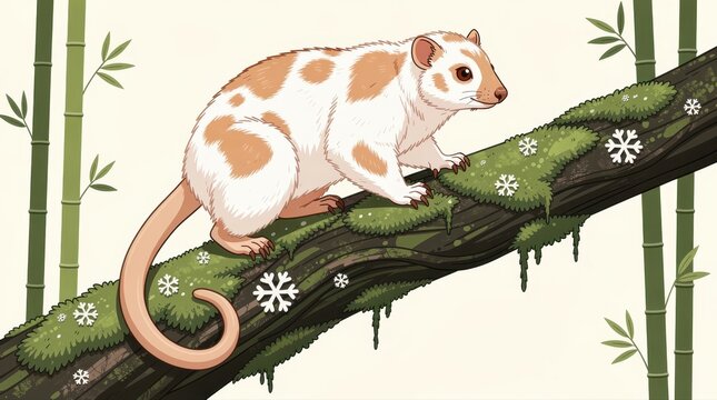 Spotted cuscus sitting on a mossy tree branch in a bamboo forest. Cute marsupial illustration featuring snowflakes and green moss. Wildlife concept for children's books and nature posters.