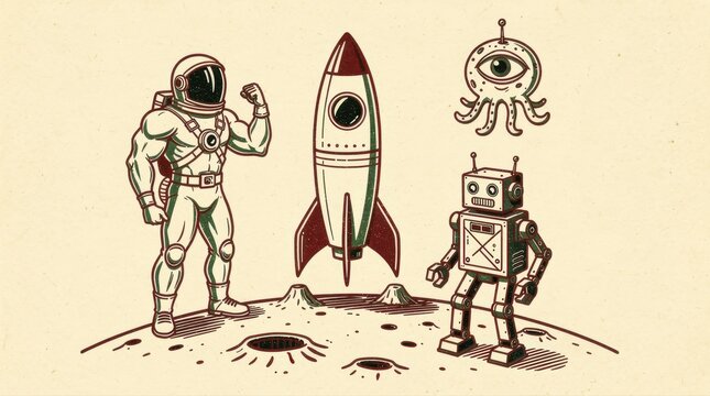 Retro astronaut, rocket, robot, and alien on the moon. Vintage hand-drawn sci-fi illustration with space exploration elements. Nostalgic adventure concept for posters and creative marketing.