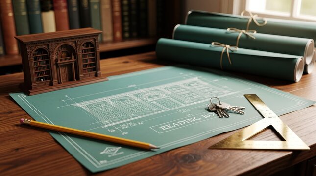 Architectural blueprint and miniature model of a library on a wooden desk. Design features a reading room layout with professional tools. Home planning concept for interior design marketing.