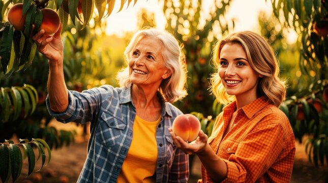 Senior woman and younger adult harvesting ripe peaches in sunlit orchard. Mother and daughter enjoying organic farming during golden hour. Agricultural family lifestyle and local harvest concept.