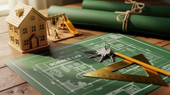 House model and keys on green architectural blueprints. Floor plans for a science lab with drafting tools on a wooden table. Property development concept for real estate and construction marketing.