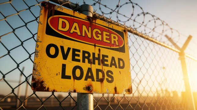 Yellow 'DANGER OVERHEAD LOADS' sign on a fence. Rusty industrial warning sign attached to a barbed wire fence at sunset. Workplace safety concept for industrial hazard and construction site messaging.