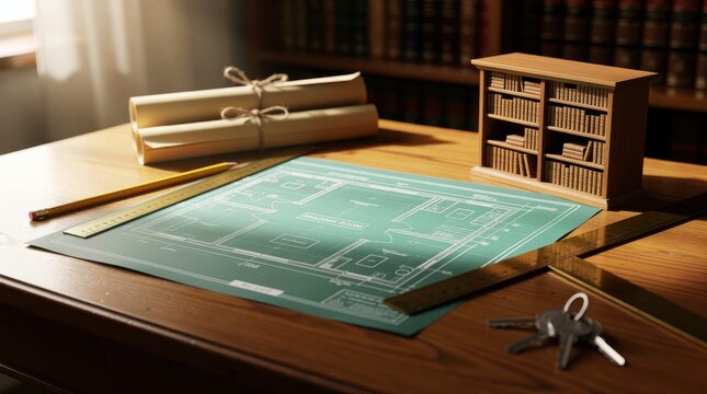 Architectural blueprint of a library layout on a wooden desk. Workspace includes rolled scrolls, rulers, and a miniature bookshelf model. Interior design concept for architectural planning services.
