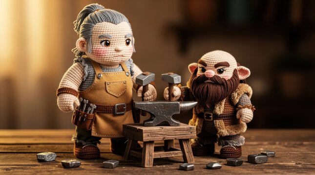 Two crocheted dwarf blacksmith figures working with hammers and an anvil. Handcrafted amigurumi characters featuring realistic knit textures and tools. Fantasy artisan concept for hobbyist marketing.