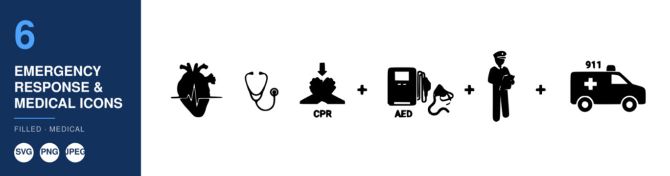 Icon Set Showing Emergency Response Medical Concepts and Symbols with Aed Cpr 911 Phone Ambulance and First Aid
