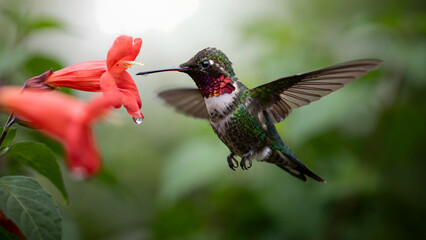 Fototapeta premium A detailed close-up of a tiny hummingbird with iridescent green and red plumage hovering to drink nectar from a bright orange trumpet flower
