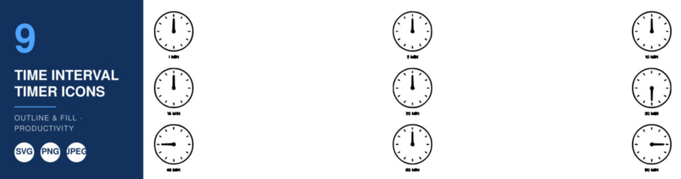 Timer Icons with Time Interval Nameplate Design and Clock Face Indicators for Productivity, Planning, and Scheduling Concept