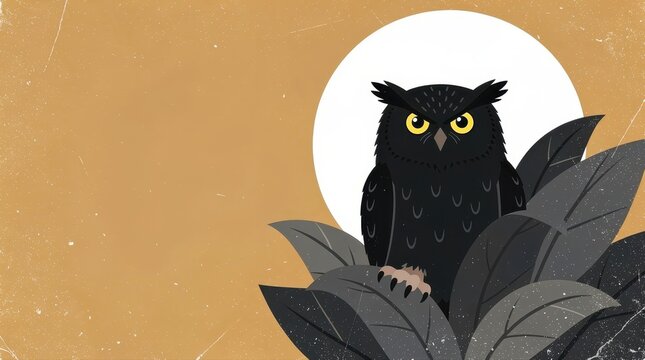 Black owl with yellow eyes perched in dark foliage. Minimalist vector illustration with a full moon backdrop. Mystery and Halloween theme for nocturnal wildlife and graphic design projects.
