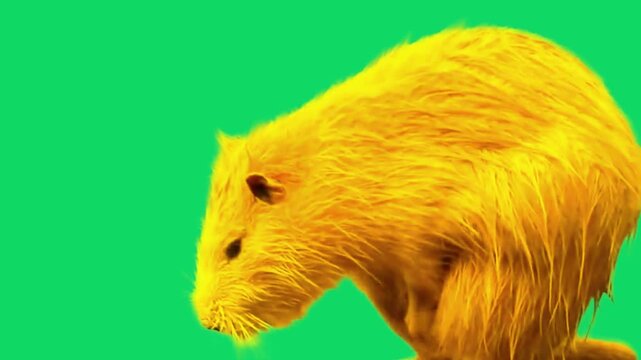 Golden nutria grooming fur on green screen background studio footage
