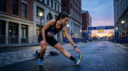 Naklejka premium Female athlete performing a leg stretch on a city street before a running race at dusk
