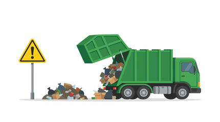 Obraz premium Flat vector illustration of a green garbage truck dumping municipal waste into a pile next to a yellow caution sign on a white background, showing waste management services.