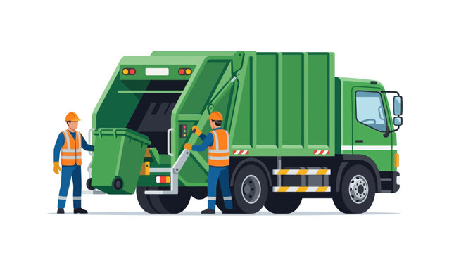 Flat vector illustration featuring a large green garbage truck and two sanitation workers wearing orange safety vests and hard hats loading a waste container on white background.