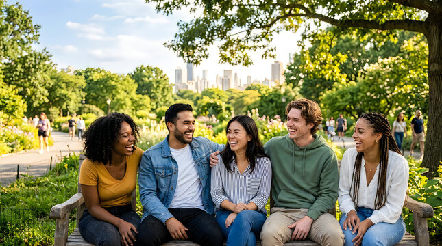 Smiling friends sitting together in a park