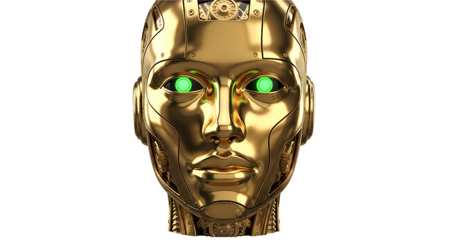 Futuristic Golden Robot Head with Glowing Green Eyes Isolated on White Background for Technology Concept