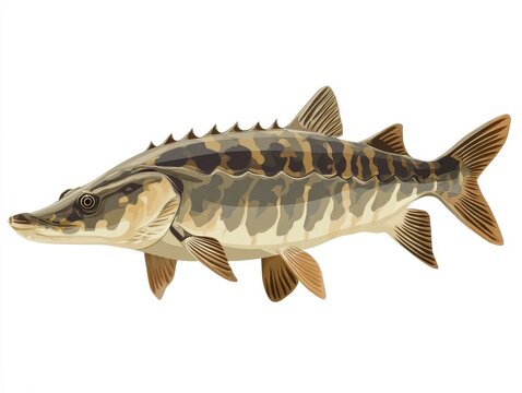 Pixel Art Illustration Of A Sturgeon Fish Isolated On A Plain White Background