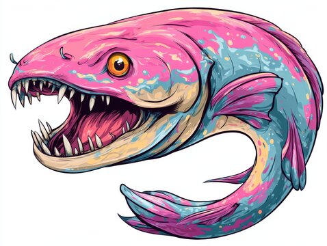 Pixel Art Pink And Blue Predatory Fish With Sharp Teeth Swimming On White Background