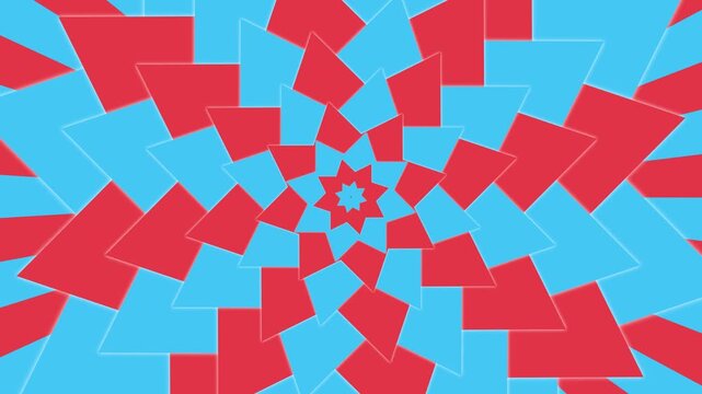Red and blue geometric star kaleidoscope motion background, hypnotic rotating pattern loop for visual effects and creative projects