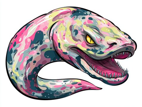 Pixel Art Style Dangerous Sea Eel With Vibrant Pink And Blue Speckled Skin On White Background