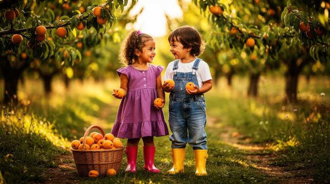 Two happy children holding fresh apricots in a sunny fruit orchard. Young boy and girl smiling while harvesting ripe fruit into a wicker basket. Healthy lifestyle and organic farming concept.