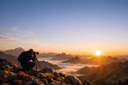 World Photography Day landscape photographer capturing a golden sunrise over misty mountains from a scenic viewpoint