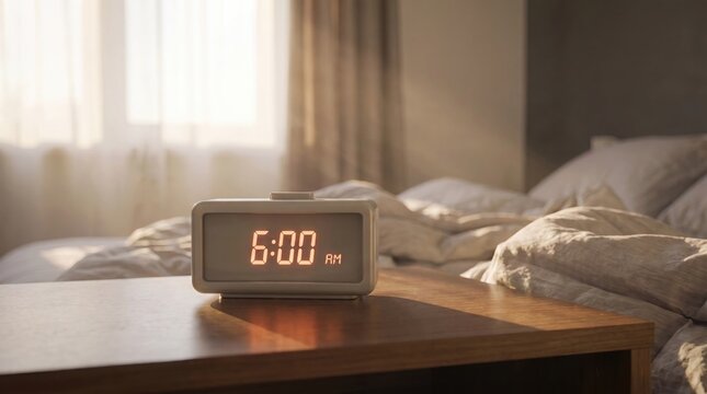 Digital alarm clock at 6 AM in warm morning sunlight. This image symbolizes early wake up time, daily routine, and start of day.