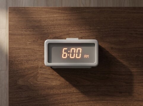 Digital alarm clock at 6 AM on wooden bedside table. This image symbolizes top view, early wake up time, daily routine, time management, and productivity.