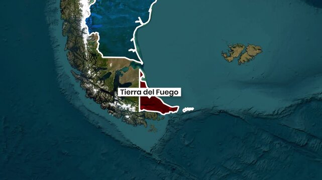 Animated map revealing the Tierra del Fuego coastline and South Atlantic video clip