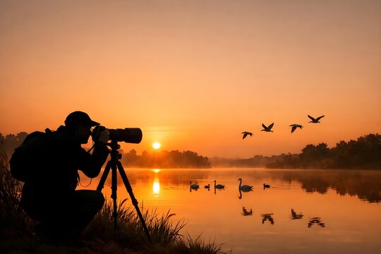 World Photography Day landscape photographer capturing sunrise over a peaceful lake with flying birds