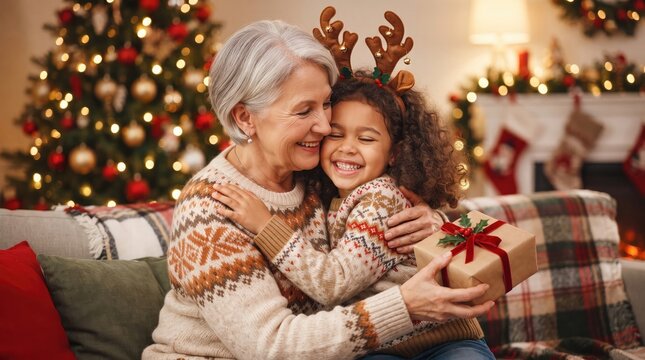 A loving grandmother and her granddaughter wearing festive sweaters hugging while celebrating christmas at home together