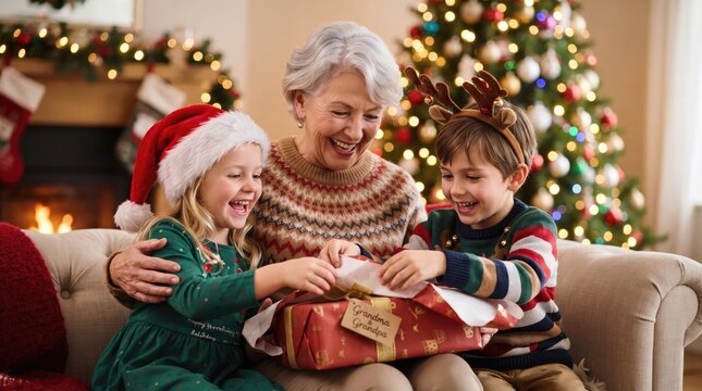 Grandmother embracing grandchildren while exchanging gifts in a decorated living room during christmas