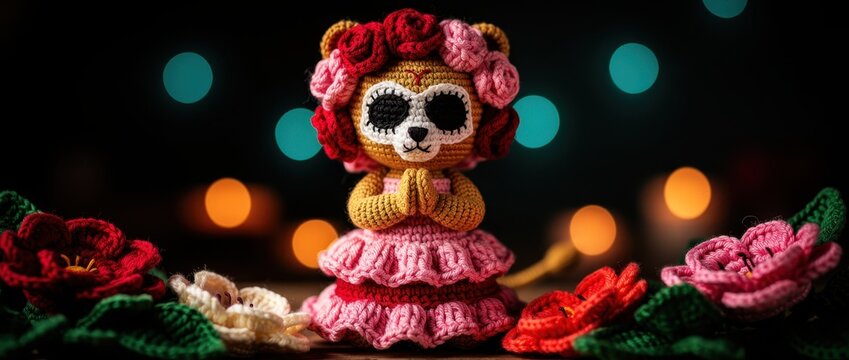 Crocheted amigurumi bear dressed in Day of the Dead attire with floral crown. Handmade catrina doll with sugar skull makeup and bokeh lights. Mexican folk art concept for festive holiday decor.