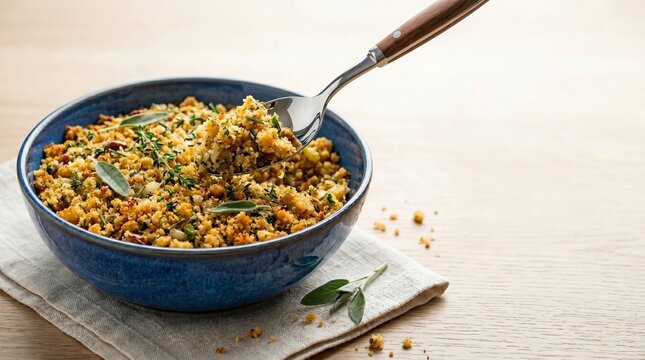 Bowl of homemade stuffing with fresh herbs being lifted by spoon. Traditional side dish served during Thanksgiving or holiday feast. Culinary concept for healthy home cooking.