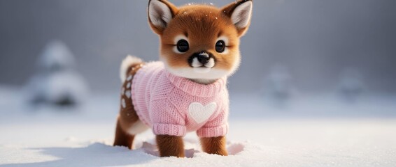 Naklejka premium Cute tiny fox pup wearing a pink heart sweater in the snow. Adorable creature in a winter wonderland setting. Kawaii wildlife concept for greeting cards and seasonal marketing.