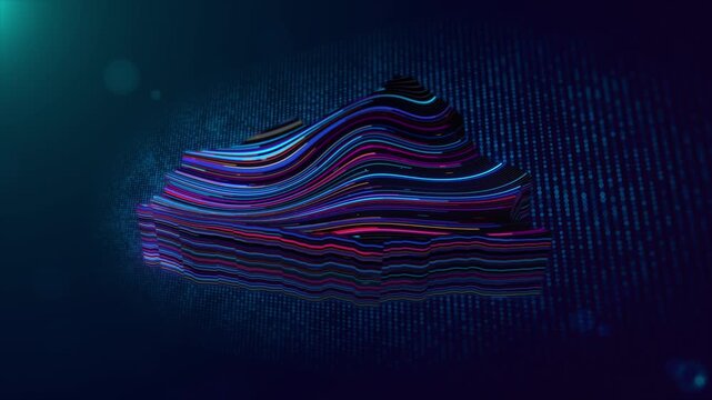 Futuristic Poland map reveal animation featuring flowing luminous lines, colorful glowing accents, digital particles, grid patterns, and dimensional depth against a dark blue screen.