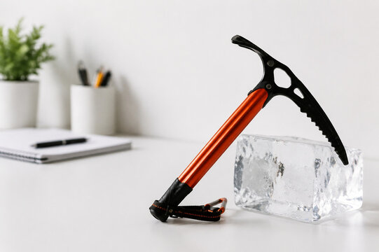Ice axe on clear artificial ice block on white desk, alpine preparation concept