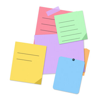 A stack of colorful sticky notes with handwritten lines and pins on a simple textured surface and PNG notes