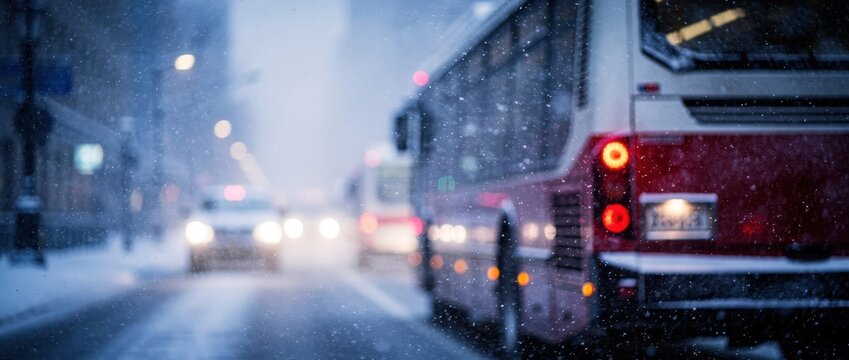 City bus and car driving through heavy snowfall in urban traffic. Blurred street scene during winter storm at twilight. Winter transit theme for weather news or urban travel marketing.