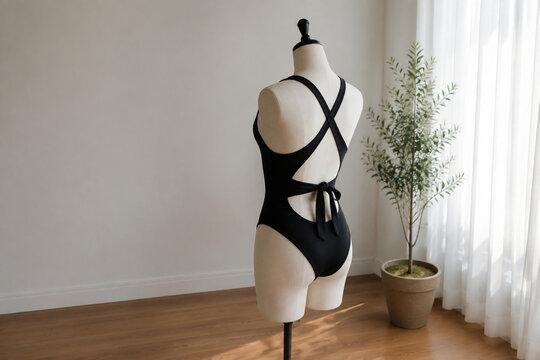 White dress form mannequin wearing black cutout-back monokini beside sheer curtain and potted plant, fashion retail interior concept
