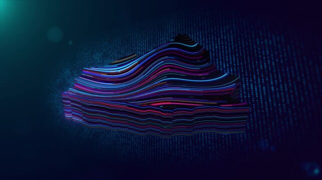Dynamic Poland map reveal animation with glowing wavy lines, colorful neon lighting, digital particles, grid elements, depth of field, and animated Poland text.