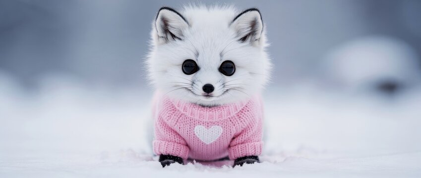 Cute baby Arctic fox in a pink heart sweater sitting in snow. Adorable fluffy animal with large expressive eyes in winter landscape. Whimsical wildlife concept for seasonal greetings and child media.