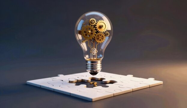 Minimalist 3D lightbulb with gears above a cracked puzzle with a missing piece, symbolizing problem-solving and strategy in business.