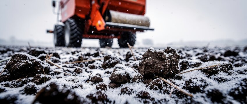 Frozen soil clods in a winter field with blurred farming machinery. Snow and frost cover plowed earth during cold weather work. Agriculture industry concept for rural equipment and soil management.